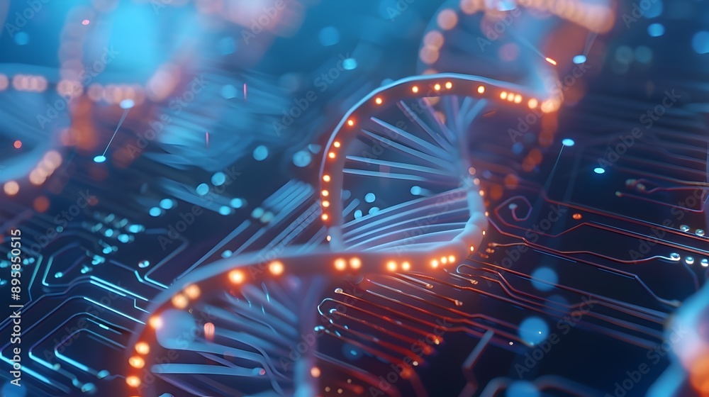 Wall mural intertwining dna strand and circuit board fusion with bioinformatics technology