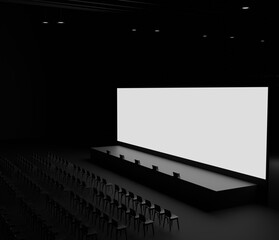 Presentation Hall audithorium empty with big blank screen mockup. Rows of seats, dark and minimalistic. convention hall for presentation or conference template 3d render, angle view from the right sid