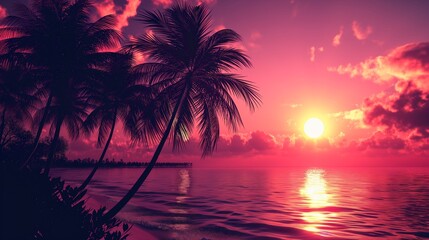 Obraz premium Sunset and Palms on Peaceful Tropical Beach.