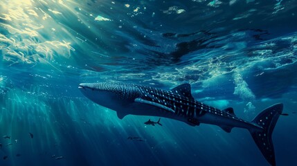 Fototapeta premium Whale shark swims under ocean sunlight. Shark moves gracefully in water. Breathtaking underwater wildlife scene.
