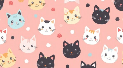 Kawaii cats, pastel colors and playful patterns, flat design illustration