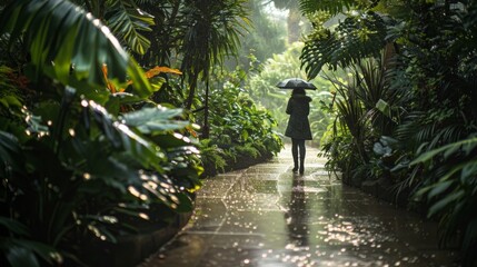 Person walking with umbrella in rainforest pathway after rainfall, surrounded by lush green foliage despite wet weather.