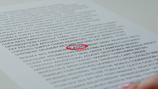 Close up shot of woman hand working with document, red marker in female hand circled highlighted words cash stock and product in text.