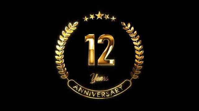 12th Anniversary Celebration. Happy 12 Years Anniversary Animation in Gold Color on the Transparent Background, Alpha Channel. Great for greetings, celebrations, events, and gifts.