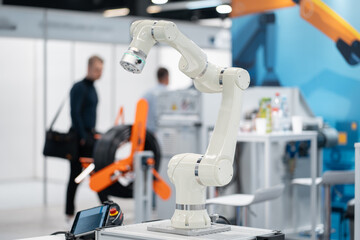 automated programmed robotic arm for manufacturing and industrial lines conveyor belts, robot hand equipment for factories and delivery warehouses