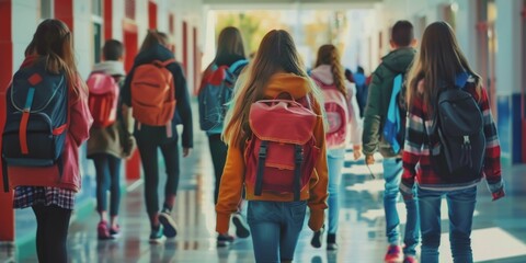 Fototapeta premium A group of students walking down a hallway with backpacks