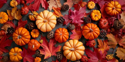 Fototapeta premium A colorful autumn scene with pumpkins and leaves