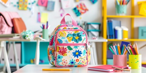 A yellow backpack sits on a table with a variety of school supplies