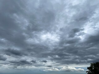 Image of a sky with dense rain clouds covering the entire sky. It's slightly smoky gray and white...