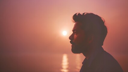 Fototapeta premium Generative AI, Contemplative silhouette of a man against a misty sunset over water, creating a serene and introspective atmosphere