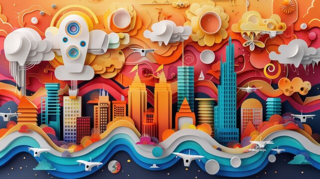 Paper cut art of a tech expo showcasing the latest devices, from drones to AI robots, capturing the excitement of technological evolution