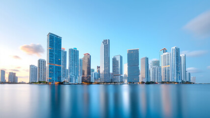 Obraz premium A modern city skyline with tall skyscrapers reflecting in calm water at sunset. The sky is clear, transitioning from blue to warm hues as the day ends.