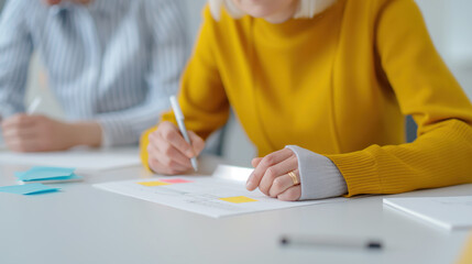 Close-up of professionals actively engaged in a business strategy session. Focus on the hand of a woman in a yellow sweater writing on documents with colorful sticky notes
