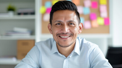 Fototapeta premium A happy professional with dark hair and light facial hair smiles while sitting at a desk in a modern office, with colorful sticky notes and shelves in the background.