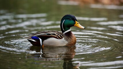 Obraz premium A duck is swimming in a pond