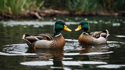 Obraz premium Two ducks are swimming in a pond