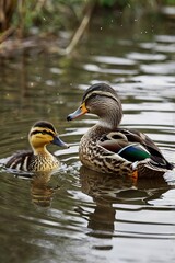 Obraz premium A mother duck and her duckling are swimming in a pond