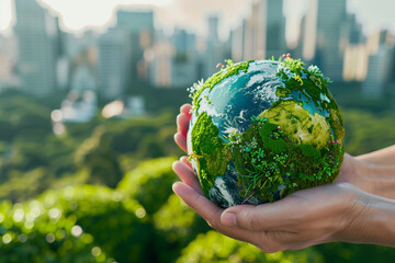 Hand Holding Earth Globe with Greenery in a City Background, Representing Environmental Conservation, Sustainable Development, Eco-Friendly Urban Planning, and Global Green Initiatives.