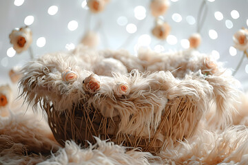 Newborn photography digital backdrop, moses basket with long wavy fur
