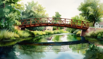 Idyllic scene of a rustic wooden bridge over a serene river, surrounded by lush greenery and quaint houses.