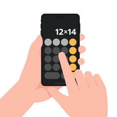 Hand holding smartphone with calculator app on screen display, Mobile calculator app interface on screen holding by hand and touching with finger.