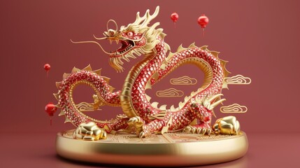 Fototapeta premium 3D Chinese dragon podium with gold elements, perfect for festive lunar new year displays and celebrations