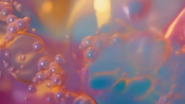 Bright and vivid abstract close-up of a liquid surface featuring bubbles. The intricate patterns and vibrant colors create a dynamic and energetic mood. The time of day is indeterminate due to the