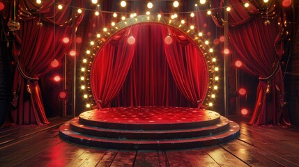 3D circus podium with red curtains and lights, perfect for carnival-themed show displays and performances