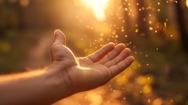 Golden Hour's Gentle Touch: A hand reaches out to feel the warmth and magic of golden hour as sunlight filters through a lush forest canopy, creating a mesmerizing bokeh of light and water droplets. 