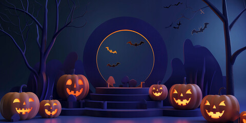 Fototapeta premium Halloween podium background product 3D. Halloween winter banner stand