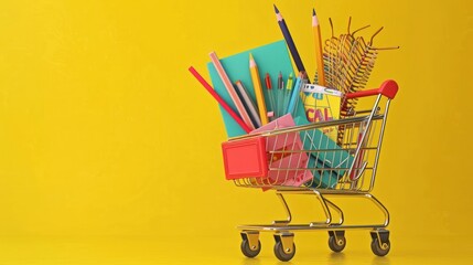 Back to school shopping promotion with colorful supplies in a cart on yellow.