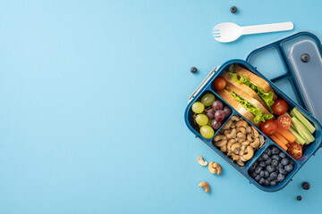 Top view of a healthy school lunchbox filled with fresh fruits, vegetables, nuts, and sandwiches on...