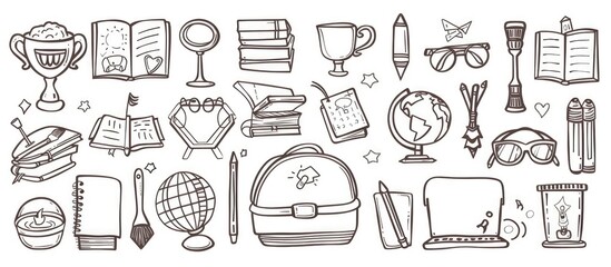 Detailed vector line art of school icons on white, black and white, high-res.