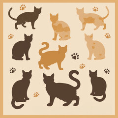 Cat Pattern with Various Silhouettes and Paw Prints