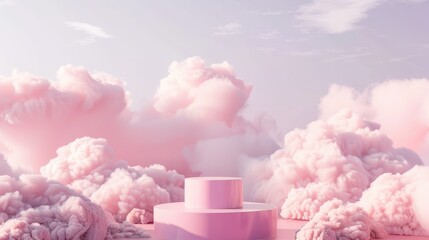 3D pink podium with pastel clouds, perfect for creating a soft and dreamy product display background