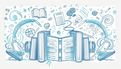 Fototapeta premium Engaging and artistic posters featuring blue line art of books and headphones, perfect for classrooms.