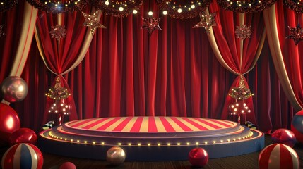 3D podium with circus elements and red curtains, perfect for carnival displays and festive event backgrounds