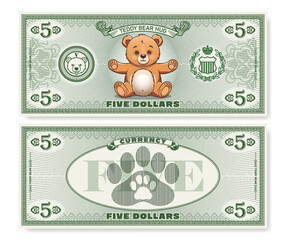 Fototapeta premium Vector illustration. Game childrens money. Obverse and reverse of 5 dollars banknote. Cartoon sitting Teddy want hug. Animal paw prints. Denomination of five. Part 5.