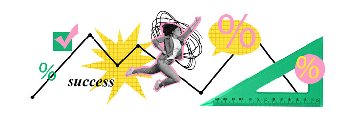 Composite collage image panorama of flying funny female success shopping graph business fantasy...