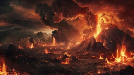 Volcanic Landscape. Dark and Dramatic End of the World Background with Bright Burning Eruption