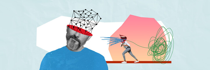 Contemporary art collage picture of hardworking woman drag scribble workaholic help with mental...