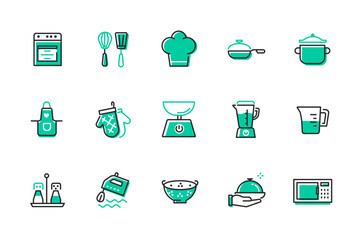 Kitchen and cooking - set of line design style icons isolated on white background. Quality images of stove, saucepan, frying pan, apron, scales, measuring cup, sieve, microwave, mixer, salt and pepper
