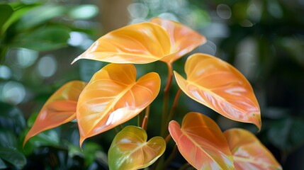 Detailed view of a rare Philodendron with its bright orange leaves