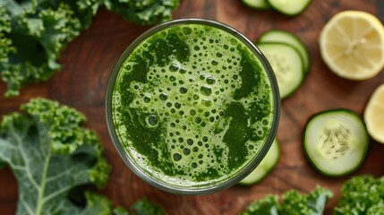 Obraz premium A glass of freshly pressed green juice made from kale, celery, cucumber, and a hint of lemon