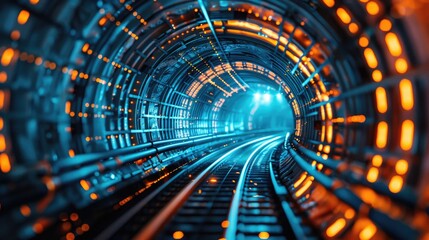 A modern utility tunnel running beneath a city, housing fiber-optic cables, water pipes, and electric lines, all monitored by smart sensors