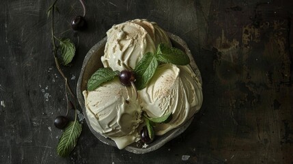 Obraz premium Delicious mint ice cream with cherries and fresh mint leaves in a bowl, on a dark rustic background, top view.