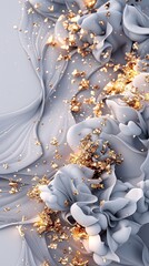 A close-up image of abstract art created using blue, white, and gold paint. The paint has been swirled together, creating a unique and dynamic pattern