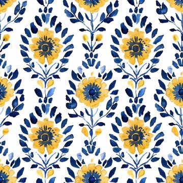 Watercolor cobalt blue and mustard yellow Suzani pattern seamless repeating pattern, minimal pattern, high contrasty 