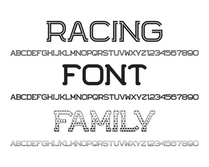 Racing font family. Alphabets and numbers in three similar styles.