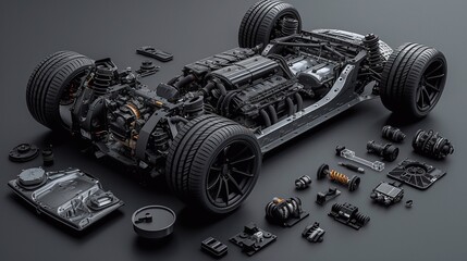 Front car chassis with engine on white background. 3D illustration